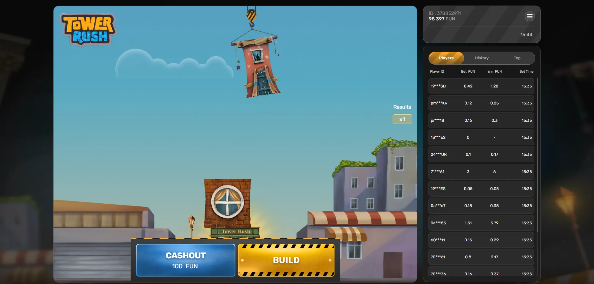 Tower Rush multiplier crash game by Galaxsys — how it works